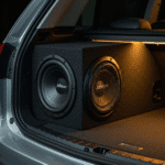 Modern car interior featuring a powerful subwoofer system designed for deep bass and rich sound.