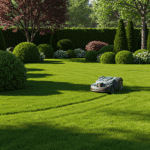 Lawn robot working in the garden.