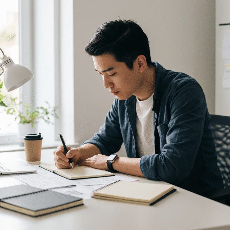 A person creating a business from their hobby, planning and strategizing for success.