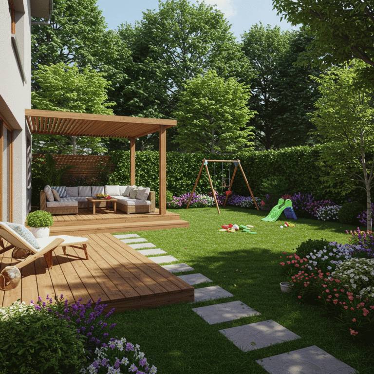 A robotic lawnmower working in a garden, precisely mowing the grass.