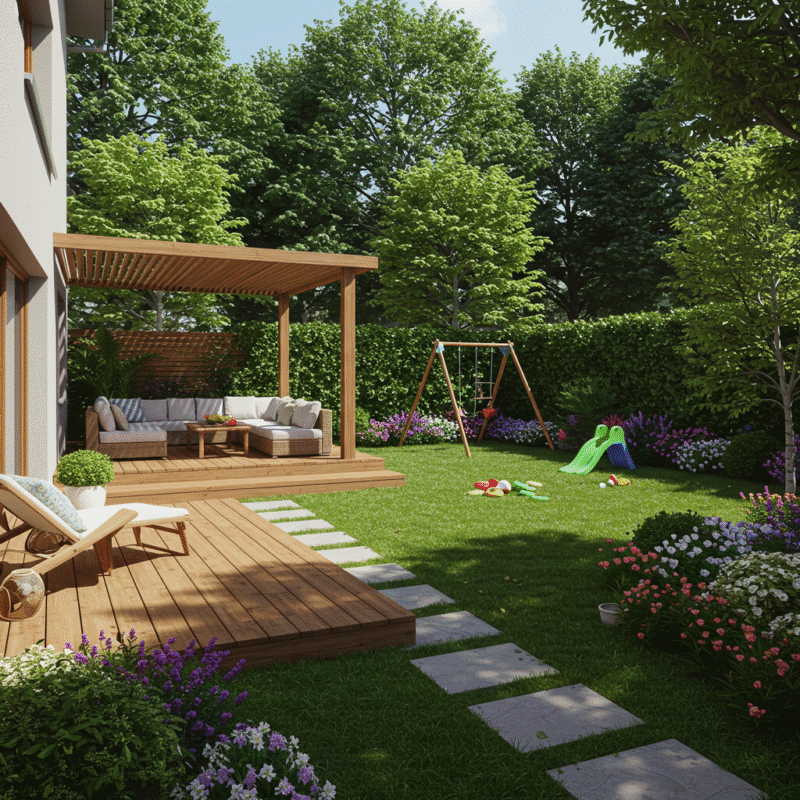 A robotic lawnmower working in a garden, precisely mowing the grass.