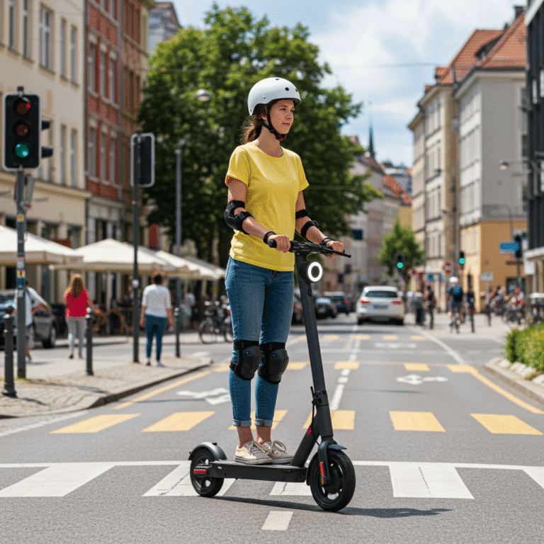 Asmuo važiuoja elektriniu paspirtuku miesto gatvėje, demonstruodamas saugų ir sklandų naudojimą.