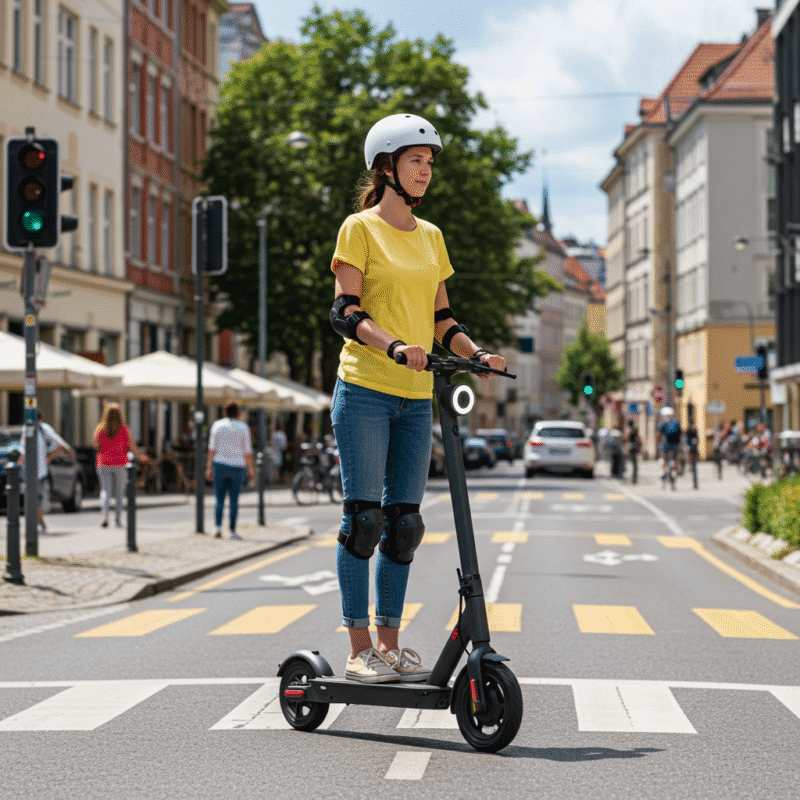 Asmuo važiuoja elektriniu paspirtuku miesto gatvėje, demonstruodamas saugų ir sklandų naudojimą.