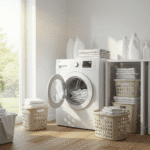 A modern washing machine in a bright home interior with neatly sorted laundry, reflecting efficient and eco-friendly washing habits.