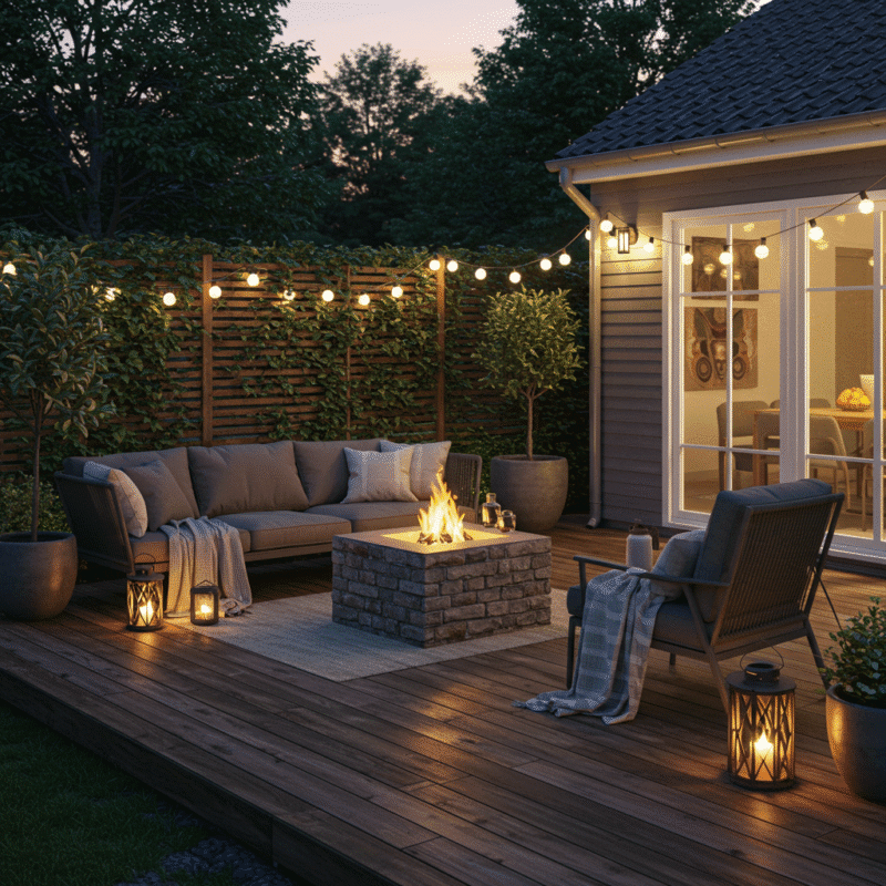 Cozy yard with outdoor furniture, plants, firepit, and warm evening lighting