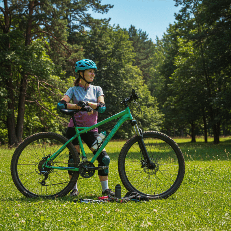 Cyclist resting in nature, ready for the journey, with the necessary safety gear and tools.