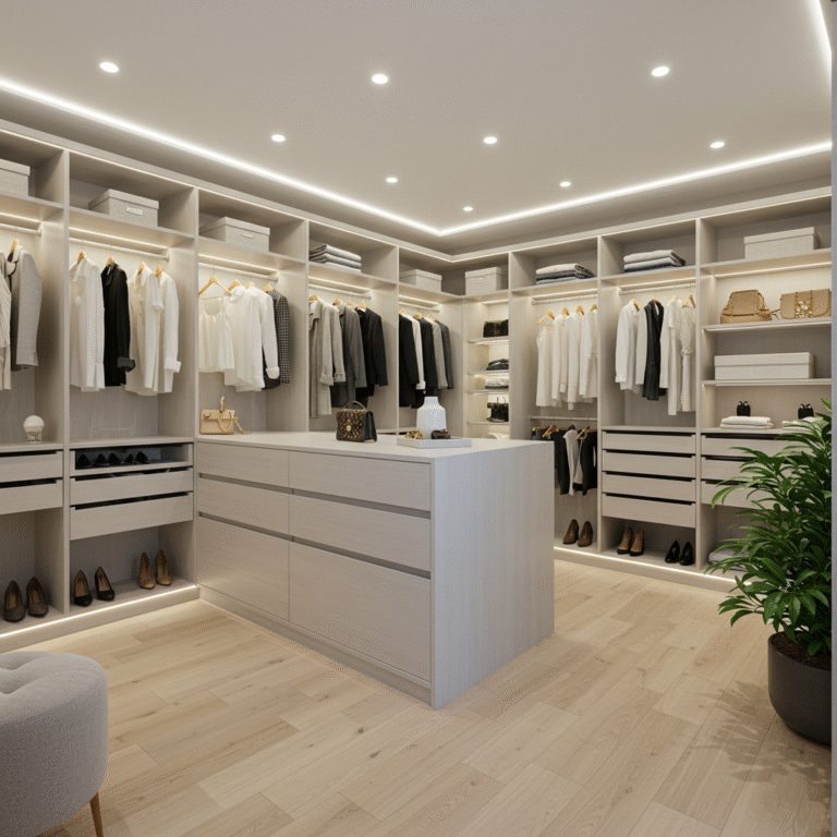 Modern and spacious wardrobe with shelves, light colors, a mirror, and built-in lighting