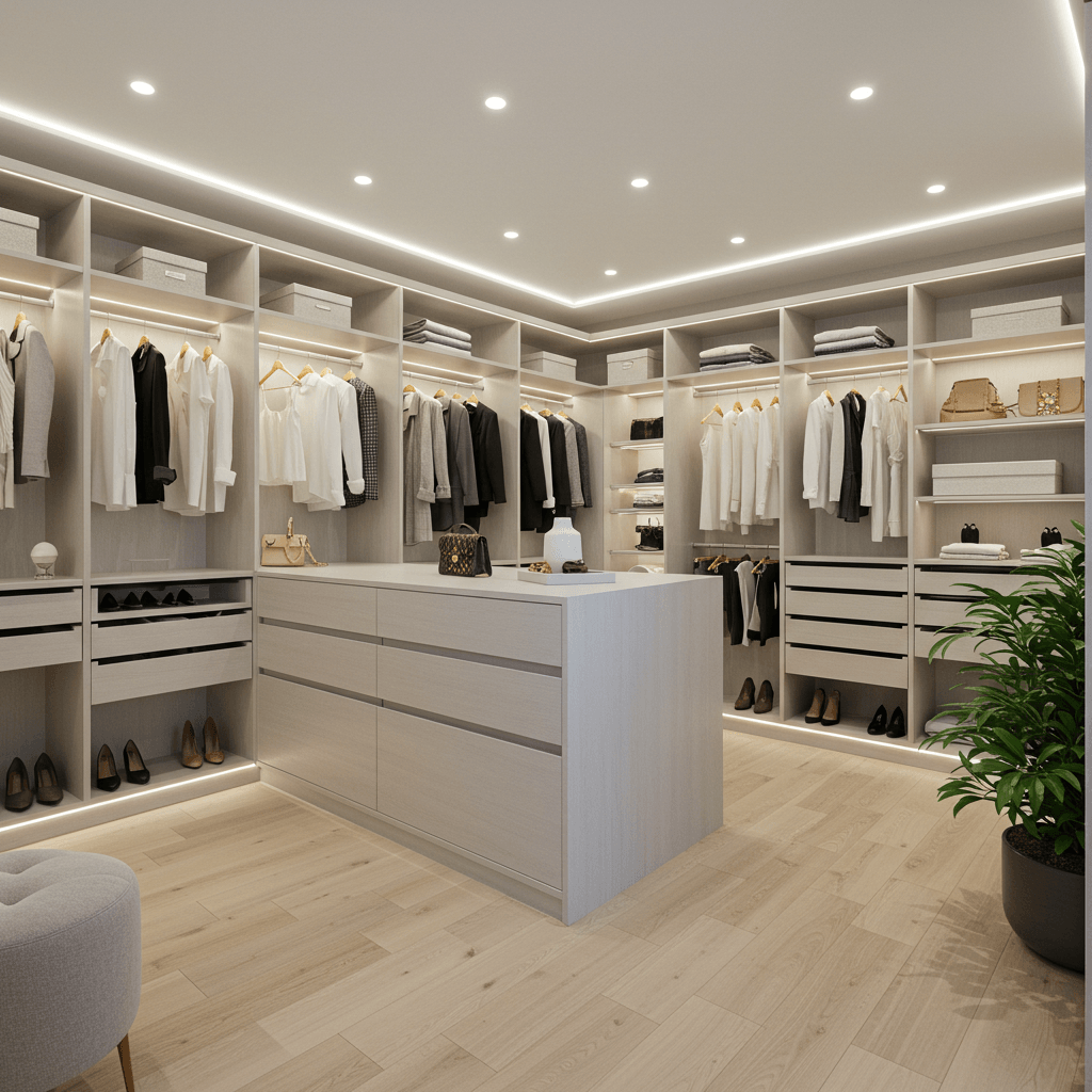 Modern and spacious wardrobe with shelves, light colors, a mirror, and built-in lighting