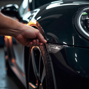 Artimas automobilio plastikinių detalių vaizdas, atnaujinamas juodintoju, suteikiančiu blizgesį ir apsaugą.