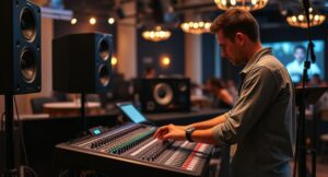 Garso aparatūros paruošimas renginiui, technikas reguliuoja įrangą